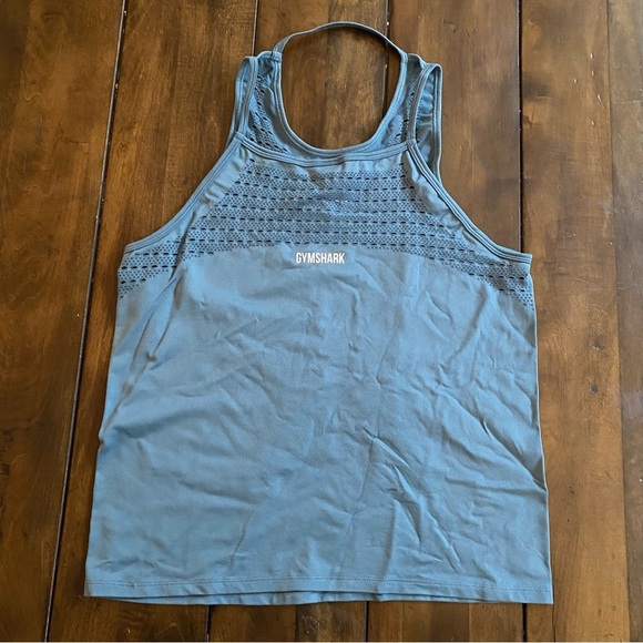 Gymshark Blue Teal Mesh Sleeveless Stretch Tank Top Size Medium, scoop neck - Picture 3 of 6